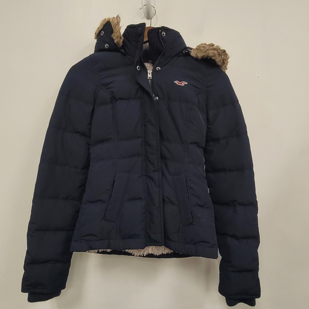 Y2K Hollister Faux Fur Hooded Puffer Coat Size XS Sherpa Lined Down Bella Swan